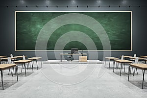Modern classroom interior with empty chalkboard and mock up place, furniture and equipment. Education, school and knowledge