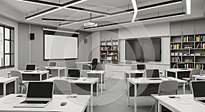 Modern Classroom Interior with Laptops and Technology