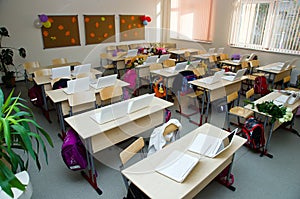 Modern classroom with laptops