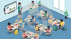 Modern Classroom with Students and Teachers