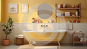 Modern, clean bathroom with elegant bathtub, sink, and faucet generated by AI