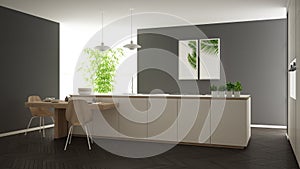 Modern clean contemporary white kitchen, island and wooden dining table with chairs, bamboo and potted plants, big window and