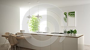 Modern clean contemporary white kitchen, island and wooden dining table with chairs, bamboo and potted plants, big window and