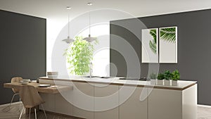 Modern clean contemporary white kitchen, island and wooden dining table with chairs, bamboo and potted plants, big window and