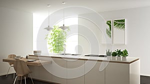 Modern clean contemporary white kitchen, island and wooden dining table with chairs, bamboo and potted plants, big window and