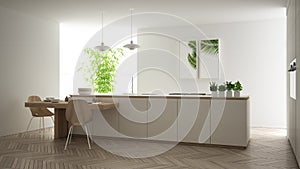 Modern clean contemporary white kitchen, island and wooden dining table with chairs, bamboo and potted plants, big window and