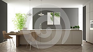 Modern clean contemporary white kitchen, island and wooden dining table with chairs, bamboo and potted plants, big window and