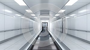 Modern Clean Hospital Corridor with Bright Lights and Empty Moving Walkway. Minimalist Clinical Interior Design. Public