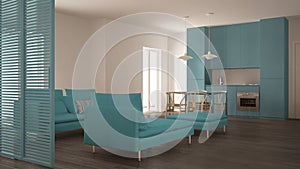 Modern clean living room with kitchen and dining table, sofa, pouf and chaise longue, minimal gray and blue interior