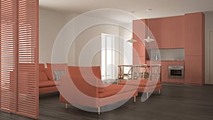 Modern clean living room with kitchen and dining table, sofa, pouf and chaise longue, minimal gray and orange interior design