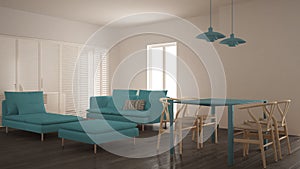 Modern clean living room with sliding door and dining table, sofa, pouf and chaise longue, minimal blue and gray interior