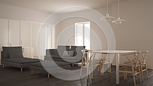 Modern clean living room with sliding door and dining table, sofa, pouf and chaise longue, minimal white and gray interior