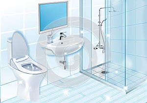 modern clean, neat and sanitized bathroom illustration with toilet, sink and shower