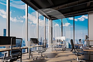 modern clean office behind glass wall waiting area reception with skyline view, plain wall copy space, 3D Illustration