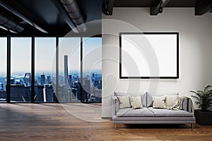 Modern clean office waiting area reception with skyline view and large white poster, copy space, 3D Illustration