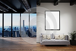 modern clean office waiting area reception with skyline view and large white poster in portrait  copy space  3D Illustration