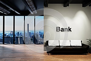 Modern clean office waiting area reception with skyline view, wall with bank lettering, 3D Illustration