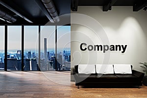 Modern clean office waiting area reception with skyline view, wall with company lettering, 3D Illustration