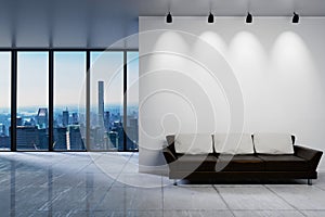 Modern clean office waiting area reception with skyline view, wall copy space, 3D Illustration