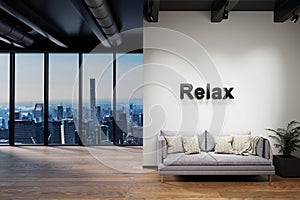 modern clean office waiting area reception with skyline view, wall with relax lettering, overworked conceptual 3D Illustration