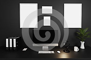 Modern clean office workspace with computer screen and dark concrete wall and large white empty canvas; copy space; 3D