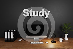 modern clean office workspace with computer screen and dark concrete wall study lettering 3D Illustration