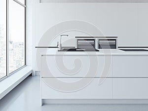 Modern clean white kitchen. 3d rendering