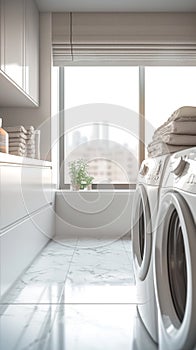 Modern cleanliness laundry room interior with sleek white marble flooring