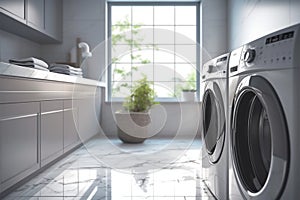 Modern cleanliness laundry room interior with sleek white marble flooring