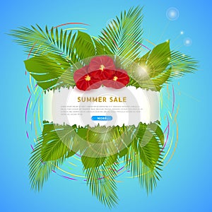 Modern clickable web banner design for summer sale, exotic red flowers, colorful circles and sun. Place for text. photo