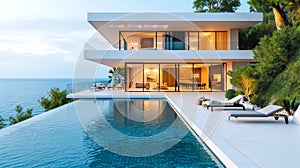 Modern cliffside villa with infinity pool overlooking the ocean, featuring sun loungers and greenery