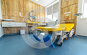 Modern clinical indoor sterile interior. Empty light emergency ward.