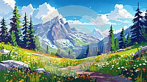 This modern clipart illustration shows a mountain valley landscape with a forest footpath. Old trees, yellow flowers in
