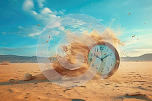 Modern clock in desert, surreal scene with motion of sand, sky and dial in summer. Concept of time, waste, art, movement, nature,