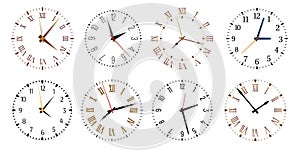 Modern clock faces. Minimalist watch, round clocks and watch face isolated vector set