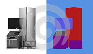 Modern close built in kitchen appliances set 3d render on white with alpha