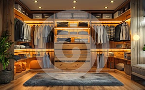 Modern closet in man's house. A modern wooden wardrobe with clothes