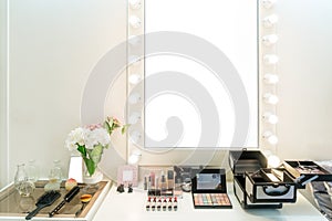 Modern closet room with make-up vanity table, mirror and cosmetics product in flat style house.