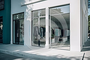 Modern Clothing Boutique Exterior with Large Window Display and Contemporary Interior Design, Ideal for Fashion Retail