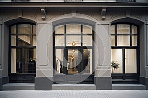 Modern Clothing Boutique Exterior with Large Window Display and Contemporary Interior Design. Ideal for Fashion Retail