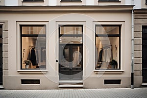 Modern Clothing Boutique Exterior with Large Window Display and Contemporary Interior Design. Ideal for Fashion Retail