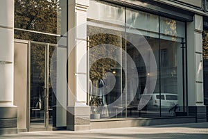 Modern Clothing Boutique Exterior with Large Window Display and Contemporary Interior Design, Ideal for Fashion Retail