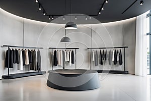 Modern clothing store interior with black and white design, clothes on racks