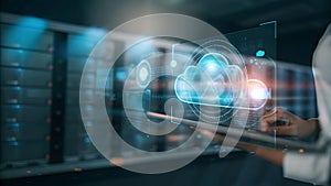 Modern cloud computing concept with data centers and digital tablet interface technology