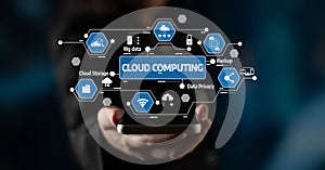 Modern Cloud Computing Concept with Technology Icons Representing Data Storage, Privacy, Backup Solutions, and Big Data