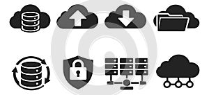 Modern cloud computing icon set featuring database, upload, download, and security for technology services