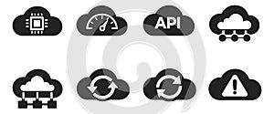 Modern cloud computing icon set featuring processor, API, performance, data transfer, synchronization, and alert symbols