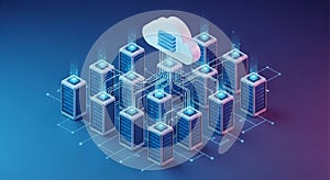 Modern Cloud Computing Network with Interconnected Servers, Digital Infrastructure Concept