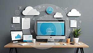 Modern Cloud Computing Office Setup with Digital Workspace photo