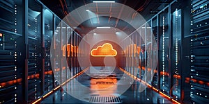 Modern cloud computing server setup with hybrid technology infrastructure background concept.